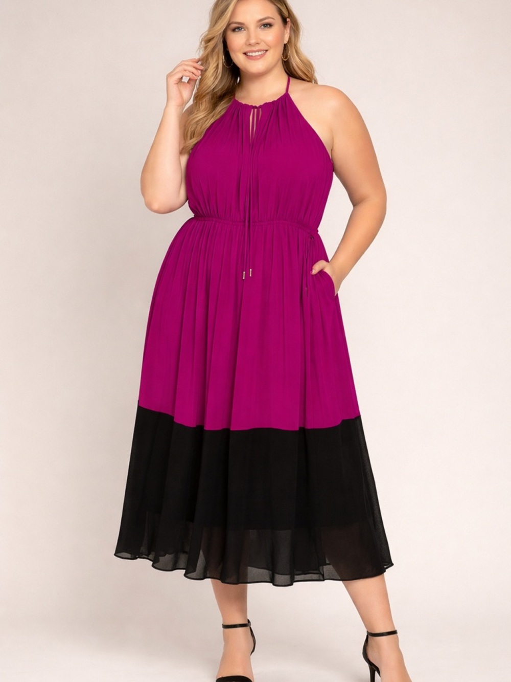 Shelby & Palmer Halter Midi Dress in Fuchsia Black Halter Pleated size 16 Flowy